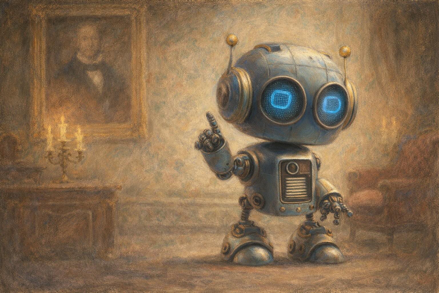 A small, blue-eyed robot with antennae raises one finger while standing in an elegant, vintage room with a candelabra on a table and a framed portrait on the wall in the background.