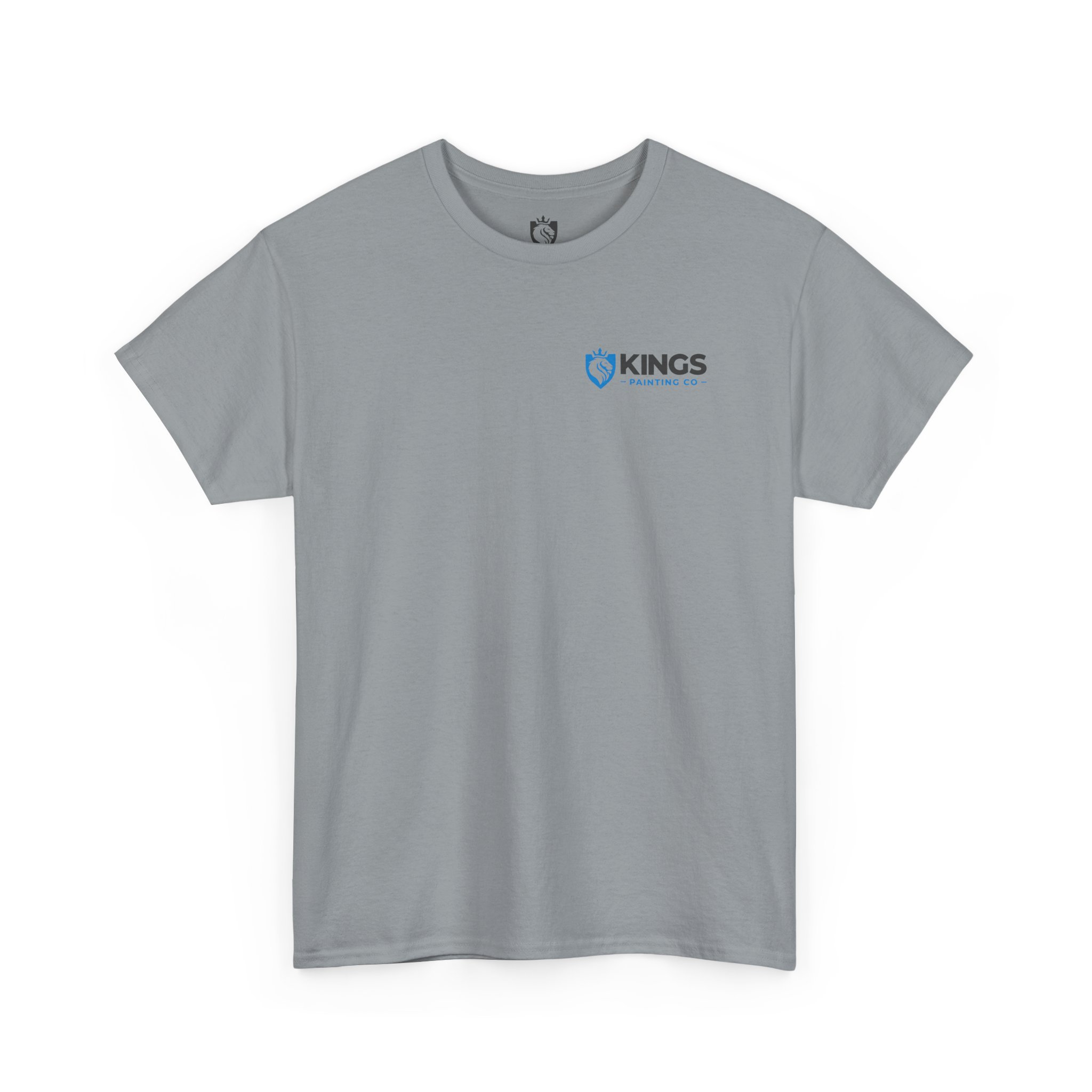 The Kings Painting Co. Logo T‑Shirt (Pocket Logo & Back Graphic) | Gildan Ultra Cotton (G5000) is shown in light gray, featuring "KINGS PAINTING CO." and a blue shield logo printed on the left chest. The shirt is displayed laid flat on a white background.